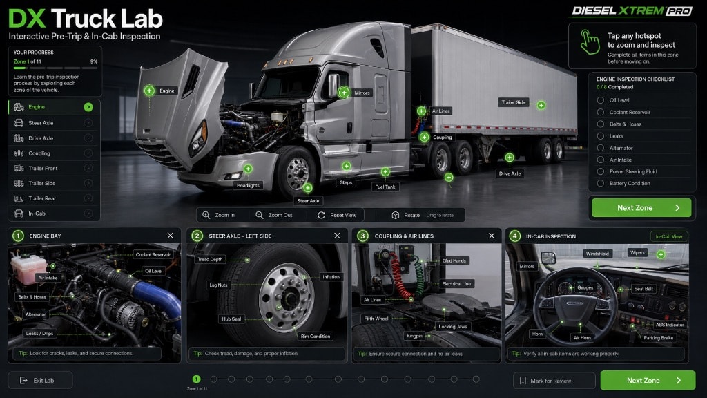 DX Truck Lab interactive CDL pre-trip inspection interface preview